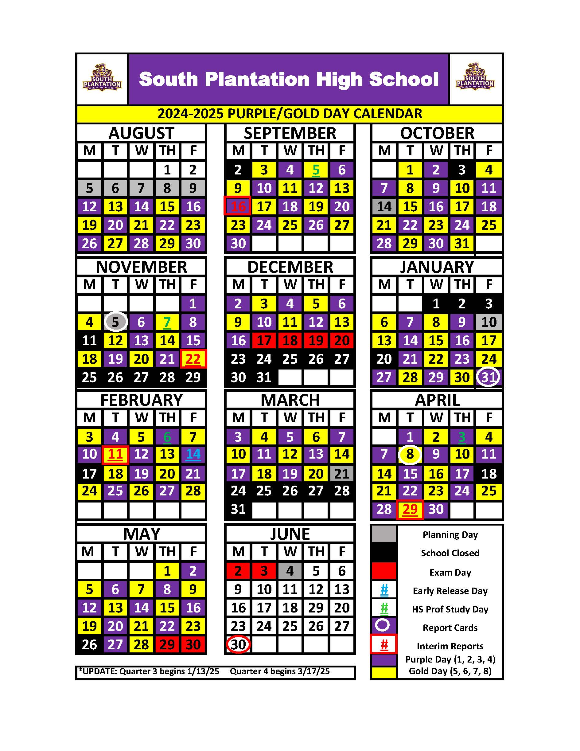 South Planation's Purple Gold Calendar for 2024 - 2025